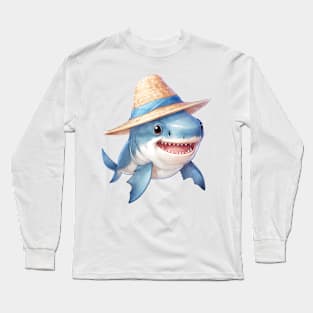 Great White Shark in Straw Hat Long Sleeve T-Shirt